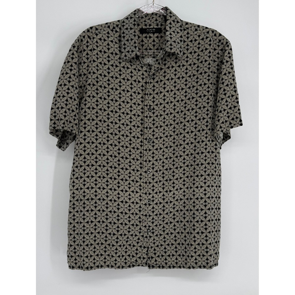 Axis LA Mens Large 100% Silk Short Sleeve Button Down Geometric Medallion Shirt
